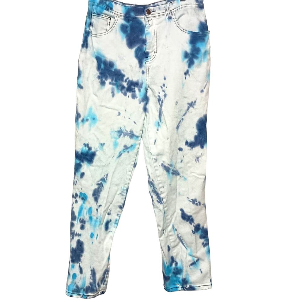 Custom Tie-Dyed Blue Water Hues Straight Tapered Leg Jeans Tummy Control, Size 8